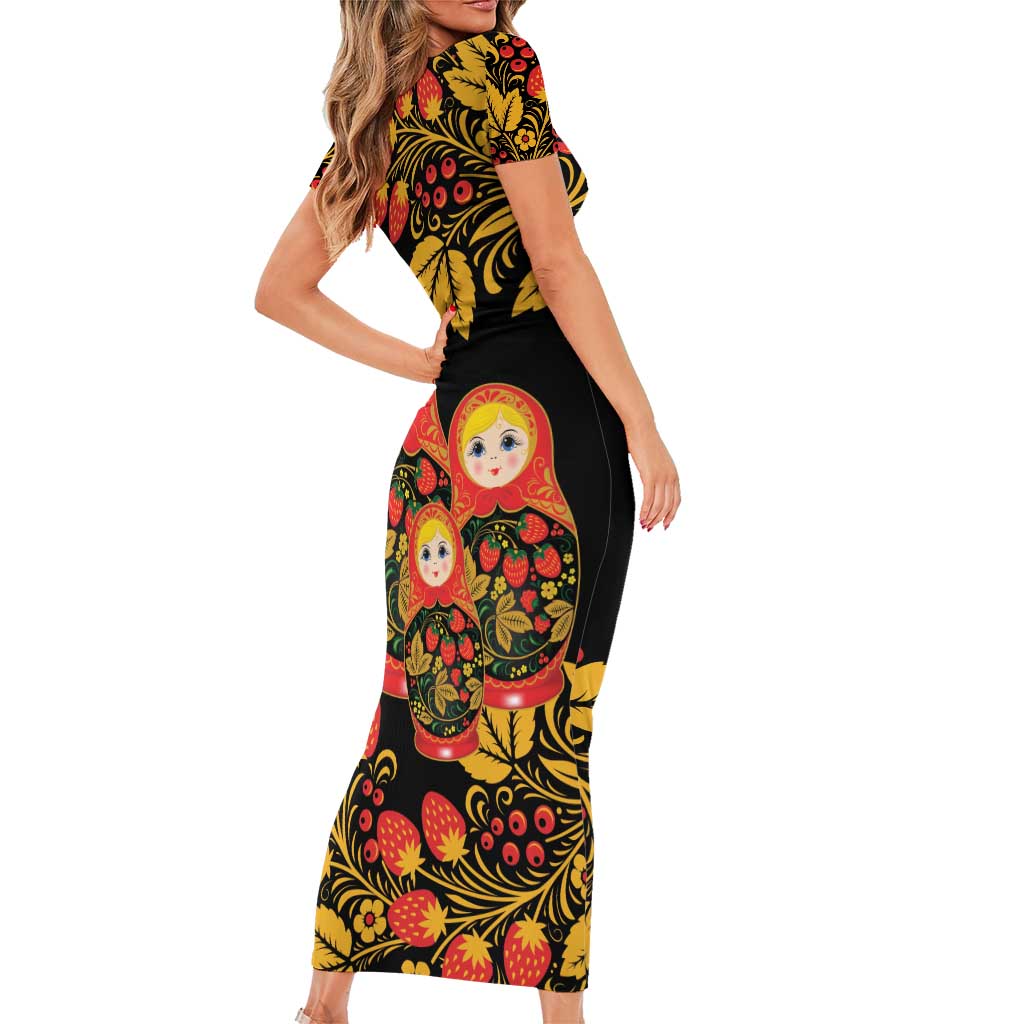 Russian Matryoshka Doll Short Sleeve Bodycon Dress Khokhloma Patterns - Wonder Print Shop