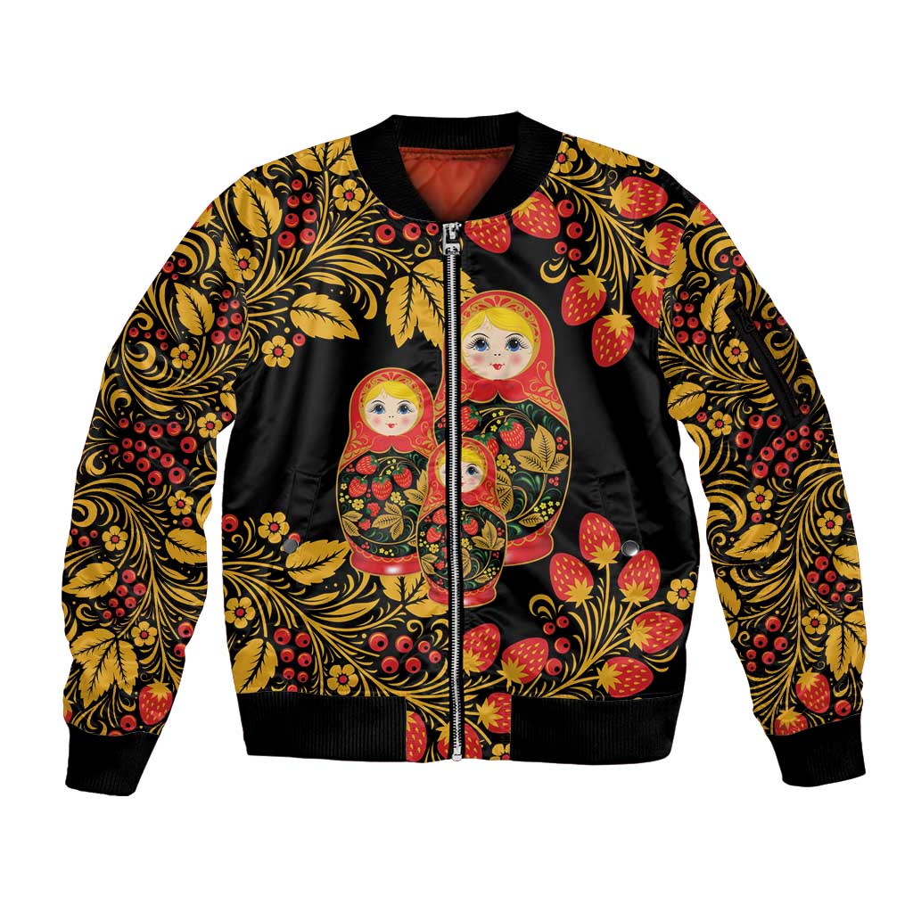 Russian Matryoshka Doll Sleeve Zip Bomber Jacket Khokhloma Patterns - Wonder Print Shop