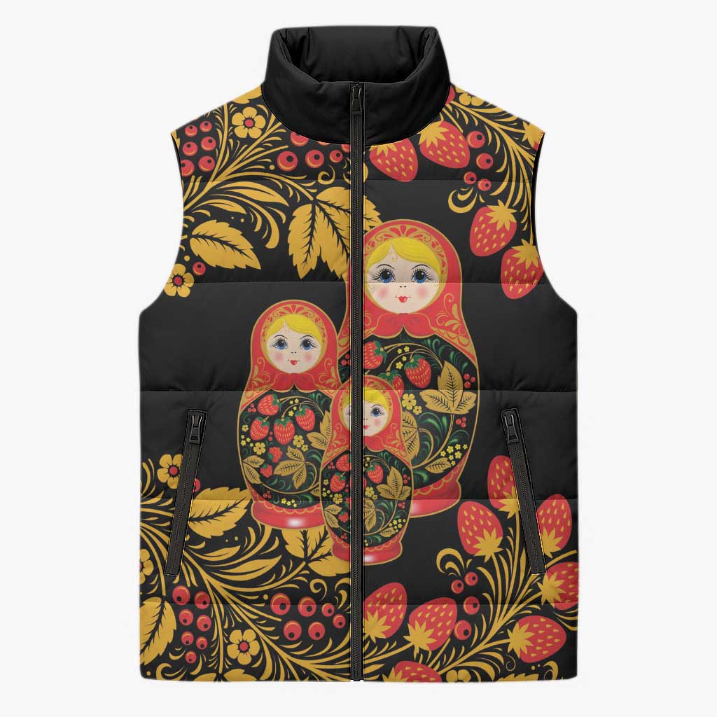 Russian Matryoshka Doll Sleeveless Puffer Jacket Khokhloma Patterns - Wonder Print Shop