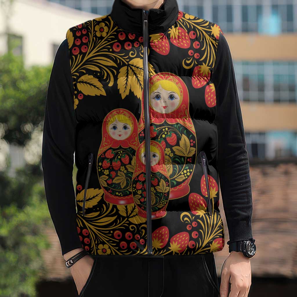 Russian Matryoshka Doll Sleeveless Puffer Jacket Khokhloma Patterns - Wonder Print Shop