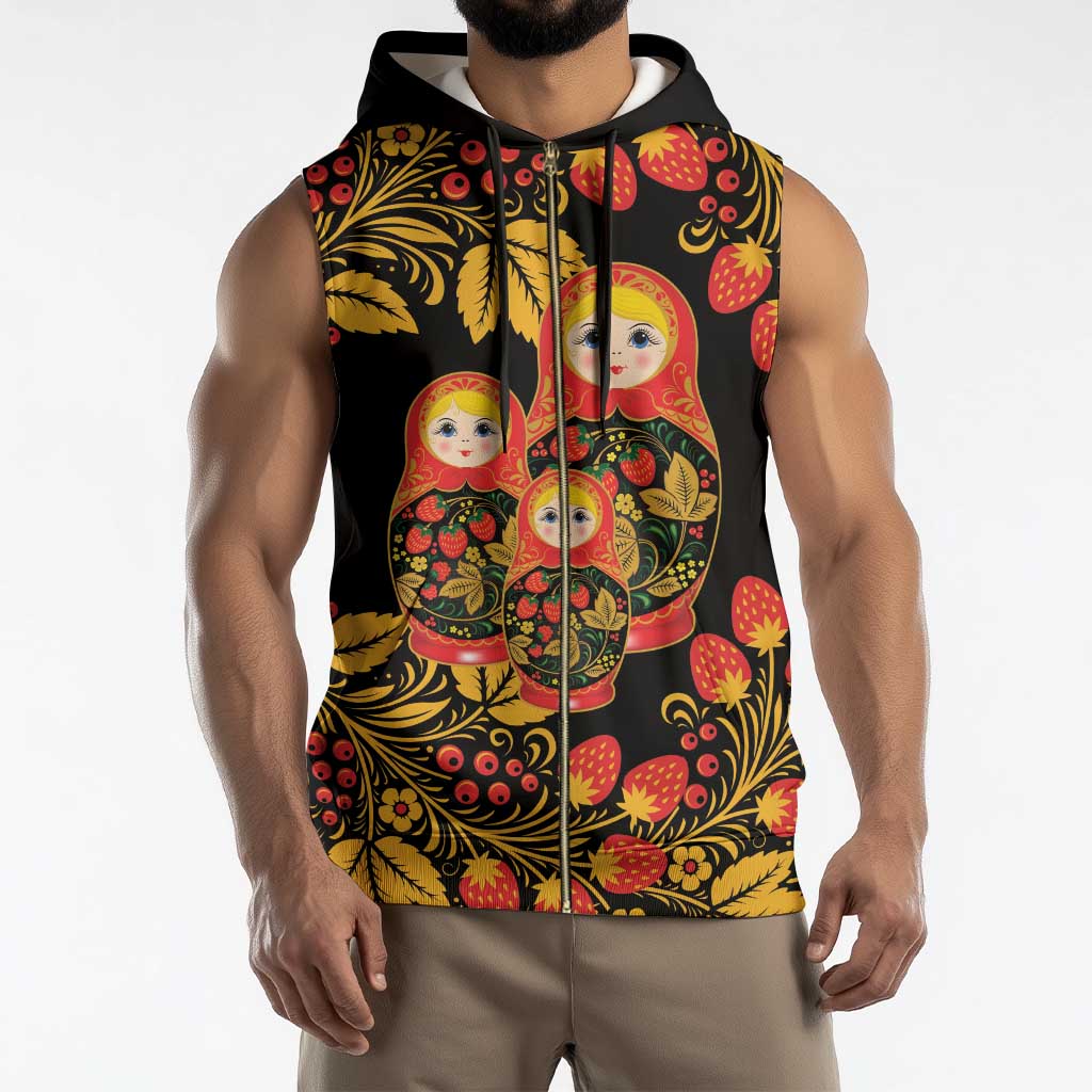 Russian Matryoshka Doll Sleeveless Zip Hoodie Khokhloma Patterns - Wonder Print Shop