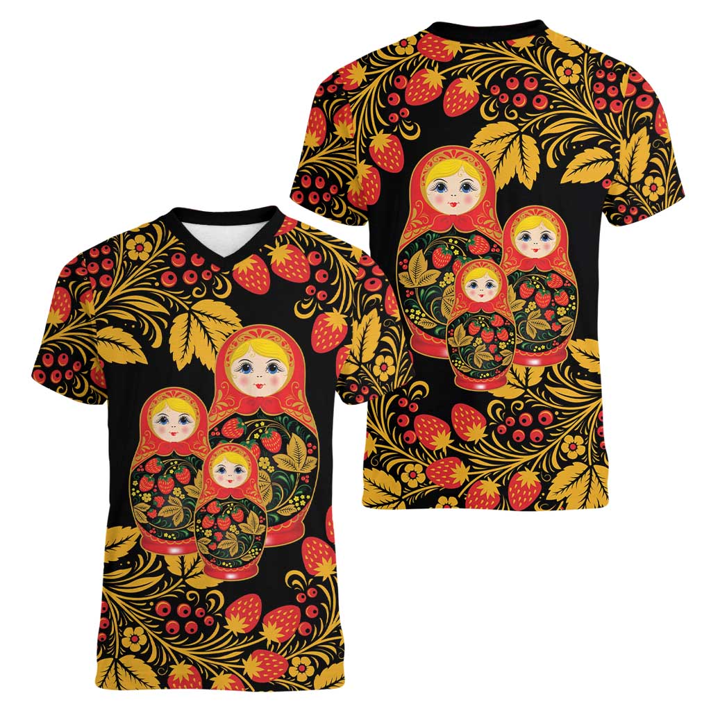 Russian Matryoshka Doll Women V-Neck T-Shirt Khokhloma Patterns - Wonder Print Shop