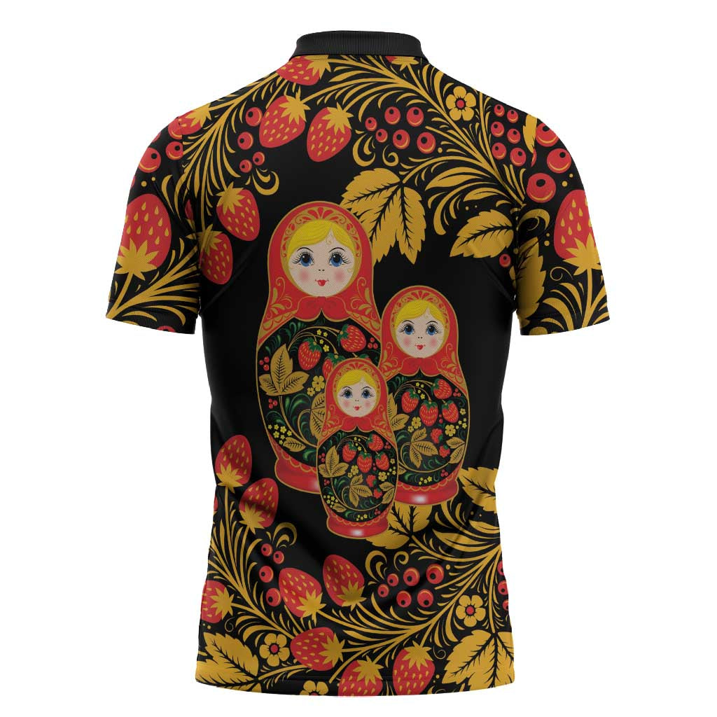 Russian Matryoshka Doll Zipper Polo Shirt Khokhloma Patterns - Wonder Print Shop