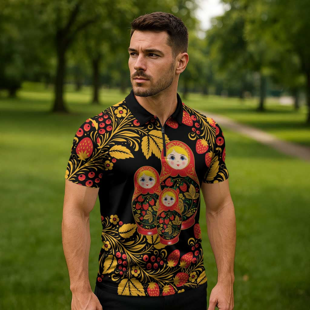 Russian Matryoshka Doll Zipper Polo Shirt Khokhloma Patterns - Wonder Print Shop