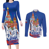 Russia National Unity Day Couples Matching Long Sleeve Bodycon Dress and Long Sleeve Button Shirt Minin And Pozharsky Monument - Wonder Print Shop