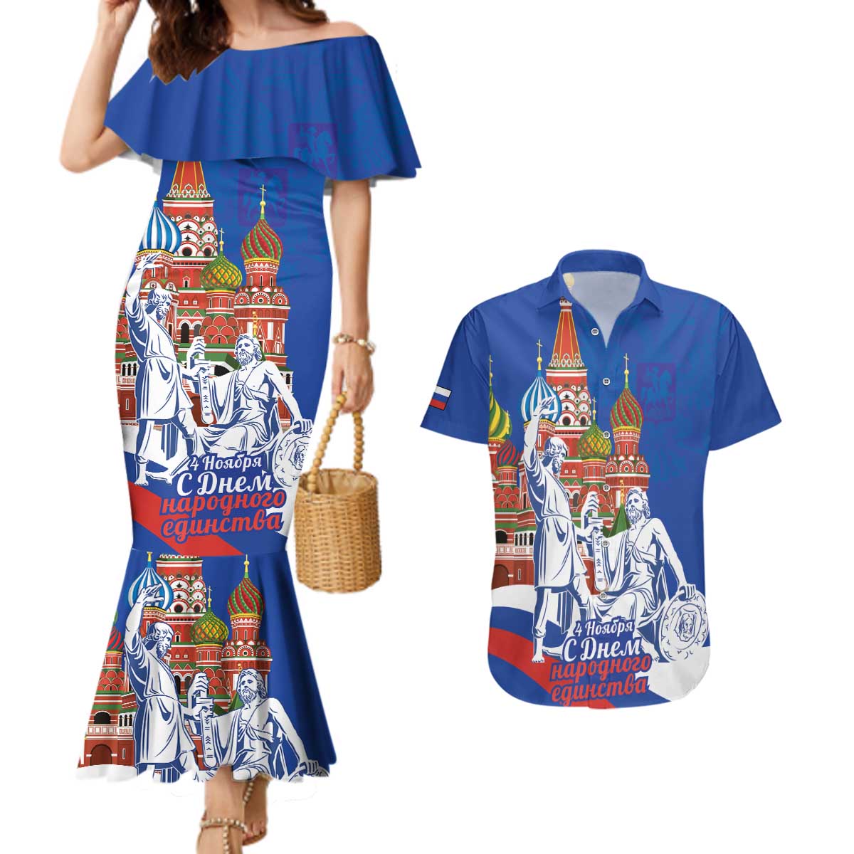 Russia National Unity Day Couples Matching Mermaid Dress and Hawaiian Shirt Minin And Pozharsky Monument - Wonder Print Shop