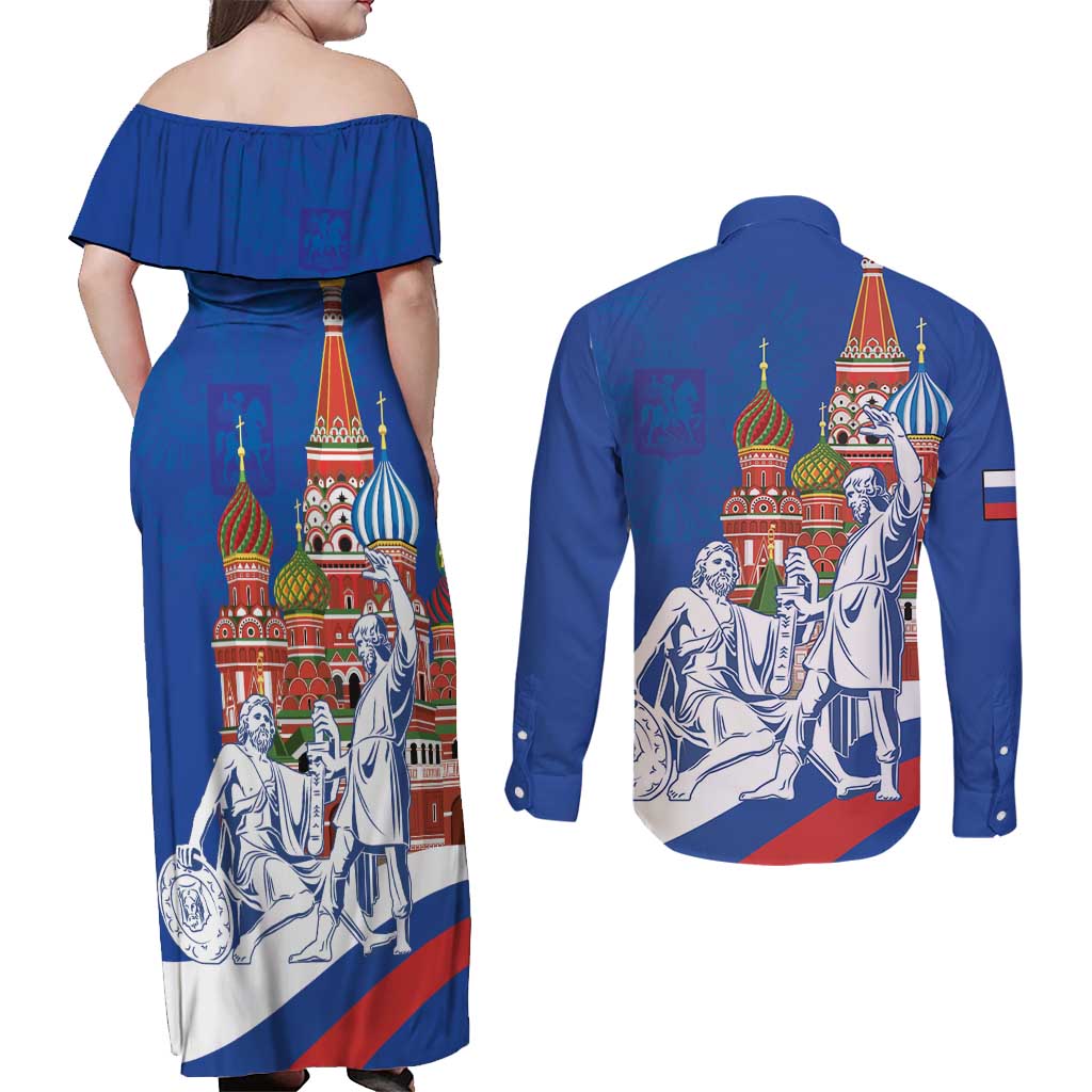 Russia National Unity Day Couples Matching Off Shoulder Maxi Dress and Long Sleeve Button Shirt Minin And Pozharsky Monument - Wonder Print Shop