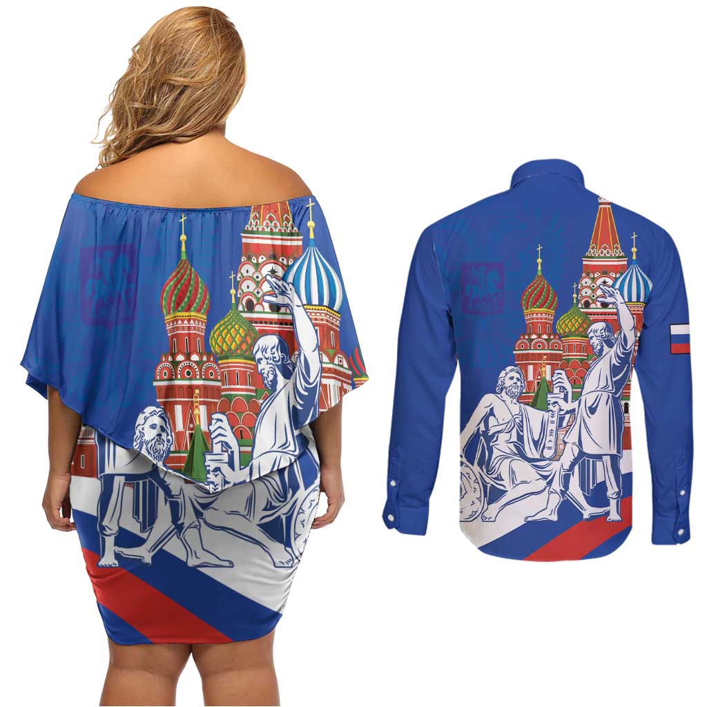 Russia National Unity Day Couples Matching Off Shoulder Short Dress and Long Sleeve Button Shirt Minin And Pozharsky Monument - Wonder Print Shop