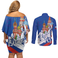 Russia National Unity Day Couples Matching Off Shoulder Short Dress and Long Sleeve Button Shirt Minin And Pozharsky Monument - Wonder Print Shop