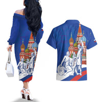 Russia National Unity Day Couples Matching Off The Shoulder Long Sleeve Dress and Hawaiian Shirt Minin And Pozharsky Monument - Wonder Print Shop