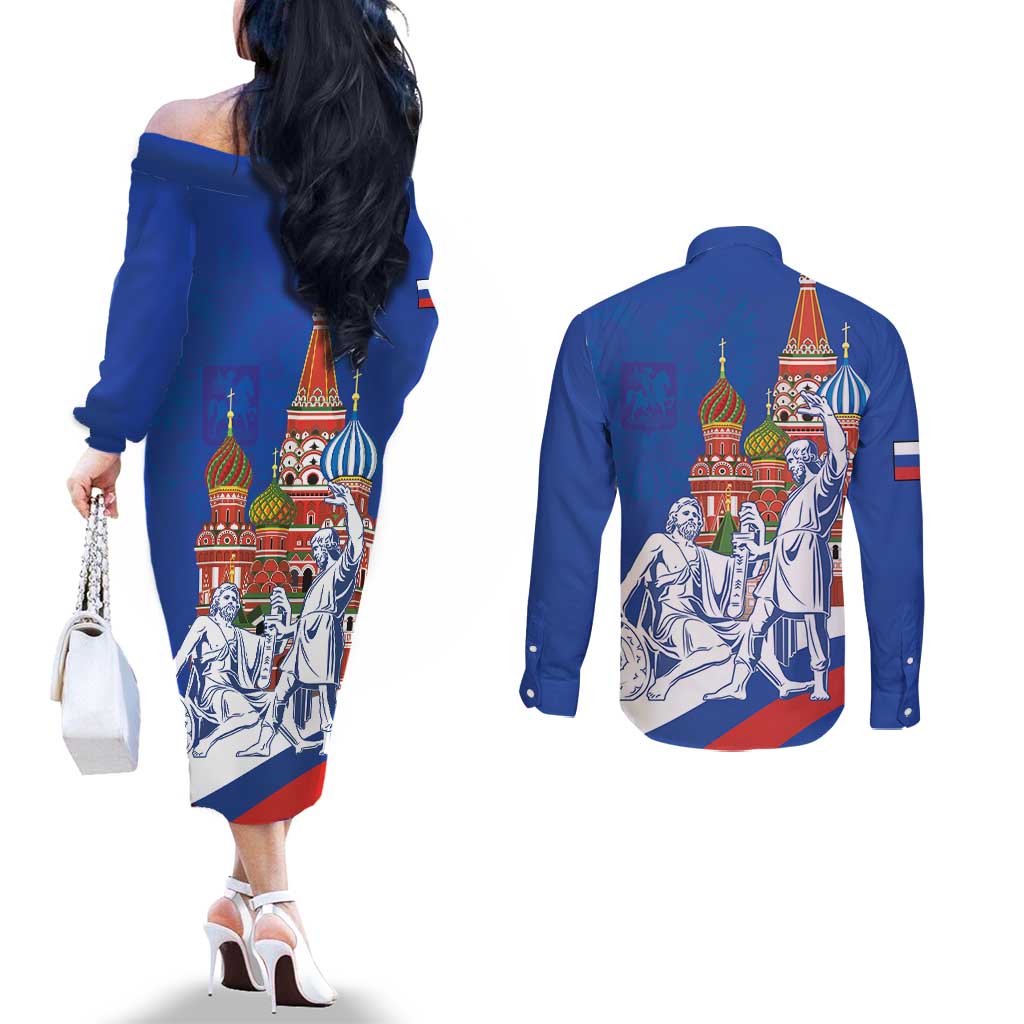 Russia National Unity Day Couples Matching Off The Shoulder Long Sleeve Dress and Long Sleeve Button Shirt Minin And Pozharsky Monument - Wonder Print Shop
