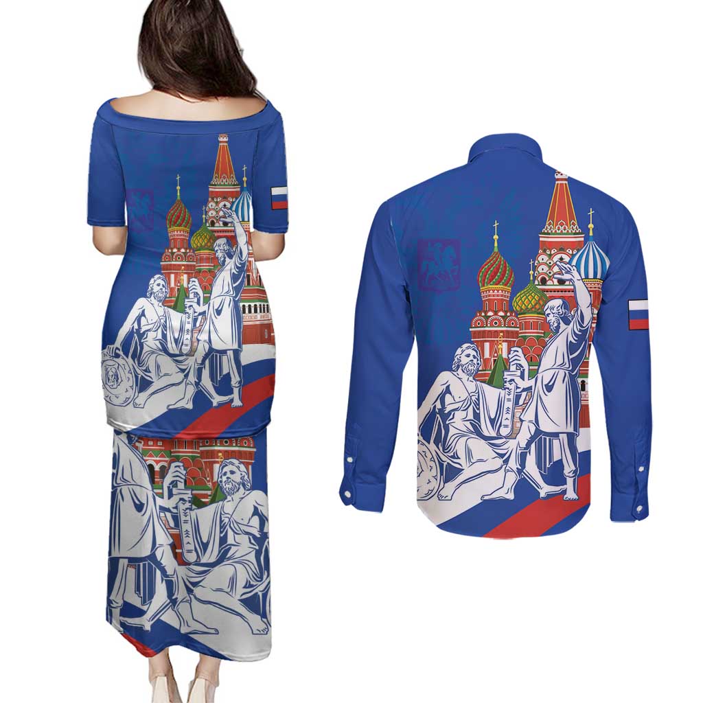 Russia National Unity Day Couples Matching Puletasi and Long Sleeve Button Shirt Minin And Pozharsky Monument - Wonder Print Shop