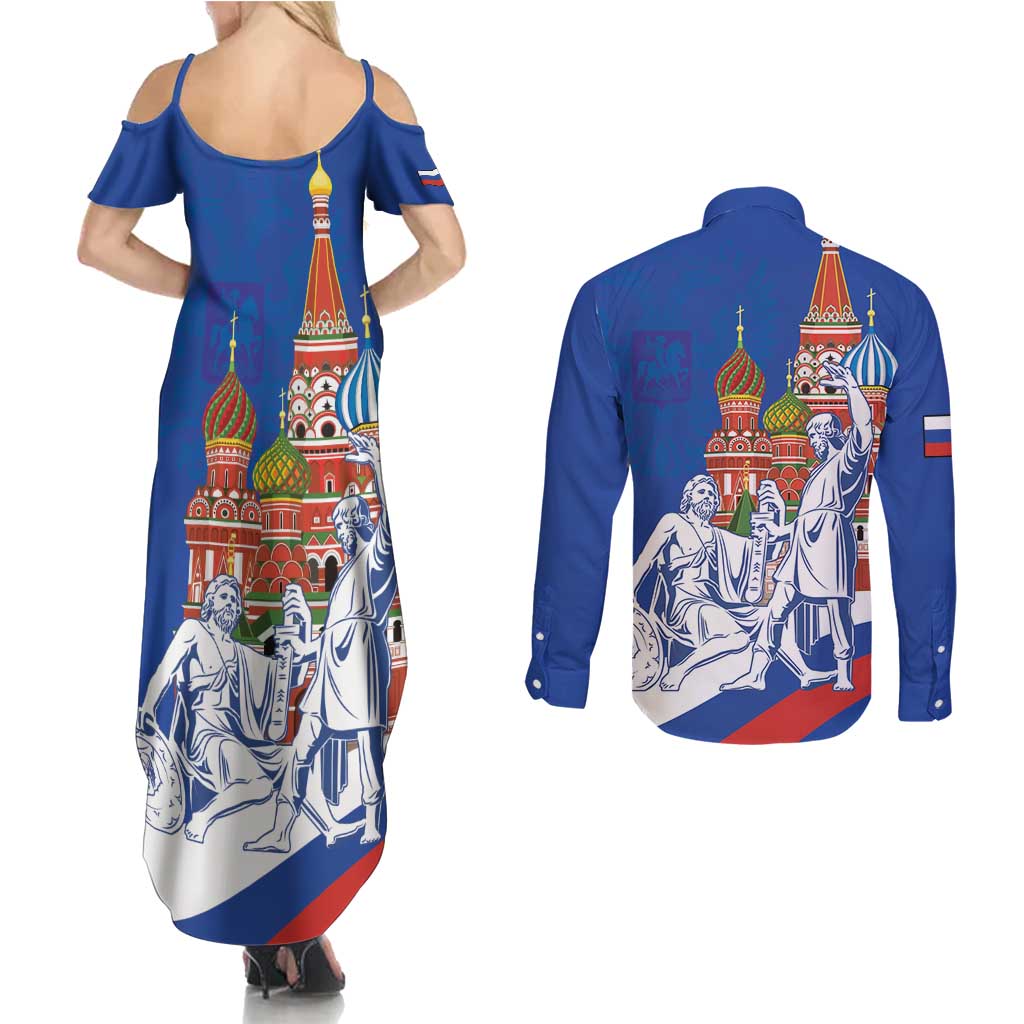 Russia National Unity Day Couples Matching Summer Maxi Dress and Long Sleeve Button Shirt Minin And Pozharsky Monument - Wonder Print Shop