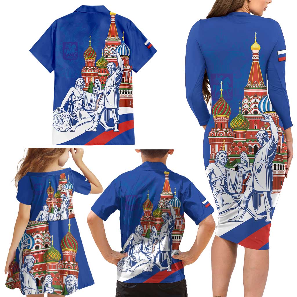 Russia National Unity Day Family Matching Long Sleeve Bodycon Dress and Hawaiian Shirt Minin And Pozharsky Monument - Wonder Print Shop