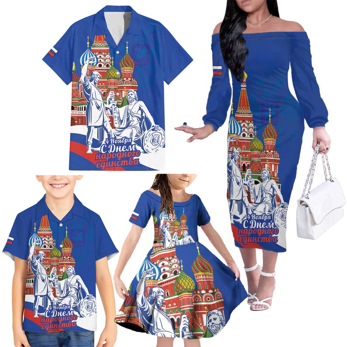 Russia National Unity Day Family Matching Off The Shoulder Long Sleeve Dress and Hawaiian Shirt Minin And Pozharsky Monument - Wonder Print Shop