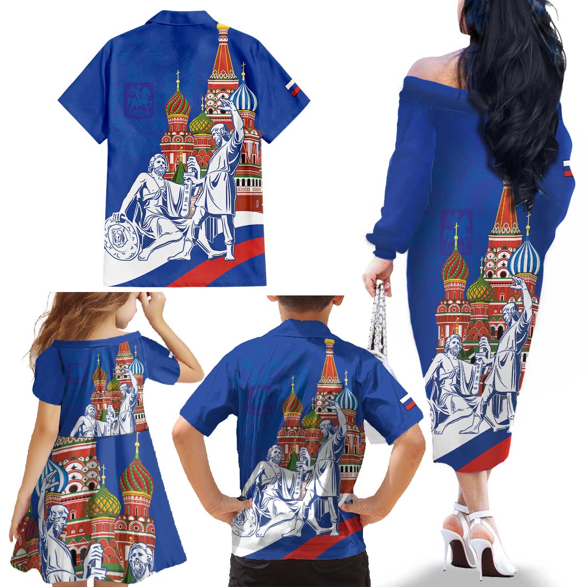 Russia National Unity Day Family Matching Off The Shoulder Long Sleeve Dress and Hawaiian Shirt Minin And Pozharsky Monument - Wonder Print Shop