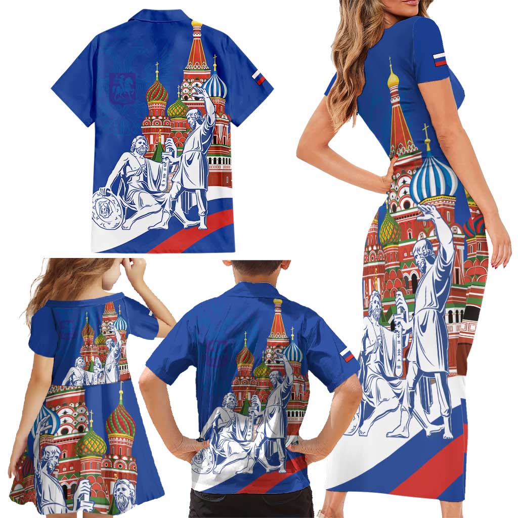 Russia National Unity Day Family Matching Short Sleeve Bodycon Dress and Hawaiian Shirt Minin And Pozharsky Monument - Wonder Print Shop