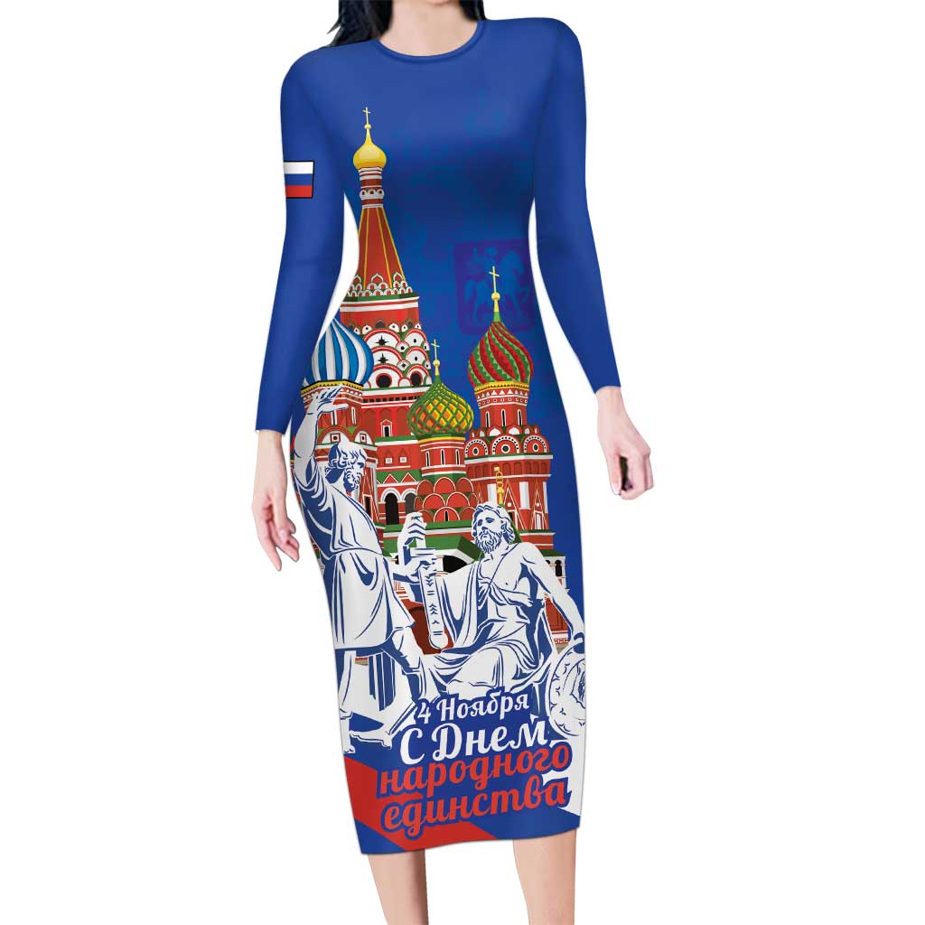 Russia National Unity Day Long Sleeve Bodycon Dress Minin And Pozharsky Monument - Wonder Print Shop