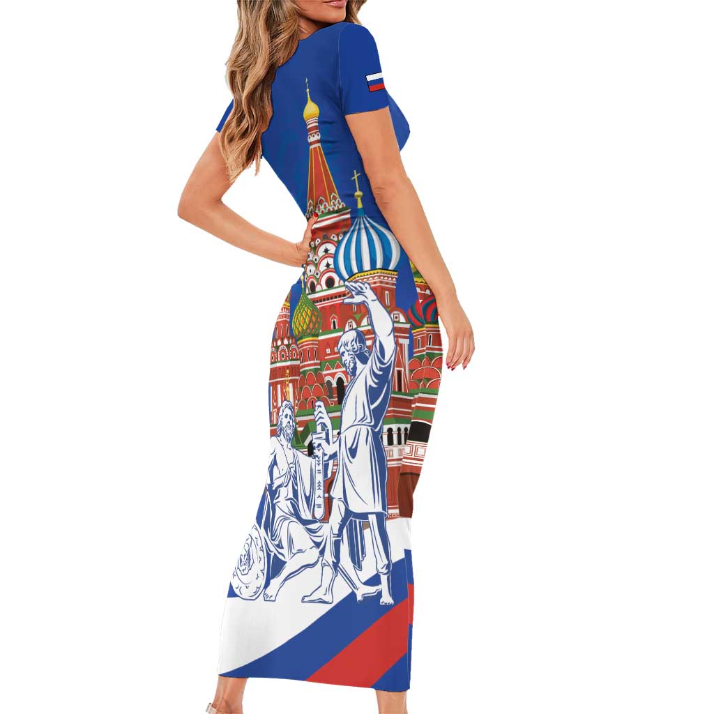 Russia National Unity Day Short Sleeve Bodycon Dress Minin And Pozharsky Monument - Wonder Print Shop