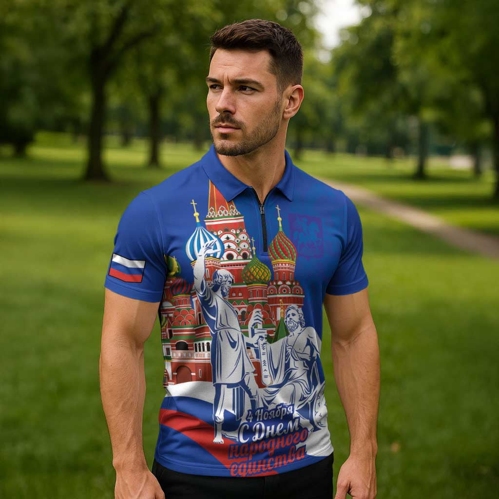 Russia National Unity Day Zipper Polo Shirt Minin And Pozharsky Monument - Wonder Print Shop