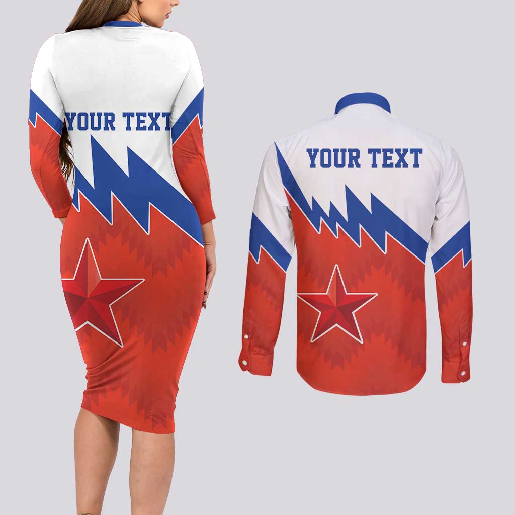 Personalized Russia Football Couples Matching Long Sleeve Bodycon Dress and Long Sleeve Button Shirt The National Team Go Champion - Wonder Print Shop