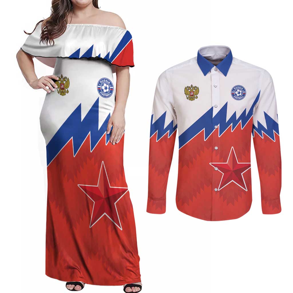Personalized Russia Football Couples Matching Off Shoulder Maxi Dress and Long Sleeve Button Shirt The National Team Go Champion - Wonder Print Shop