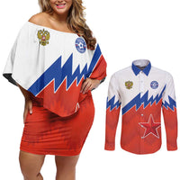 Personalized Russia Football Couples Matching Off Shoulder Short Dress and Long Sleeve Button Shirt The National Team Go Champion - Wonder Print Shop