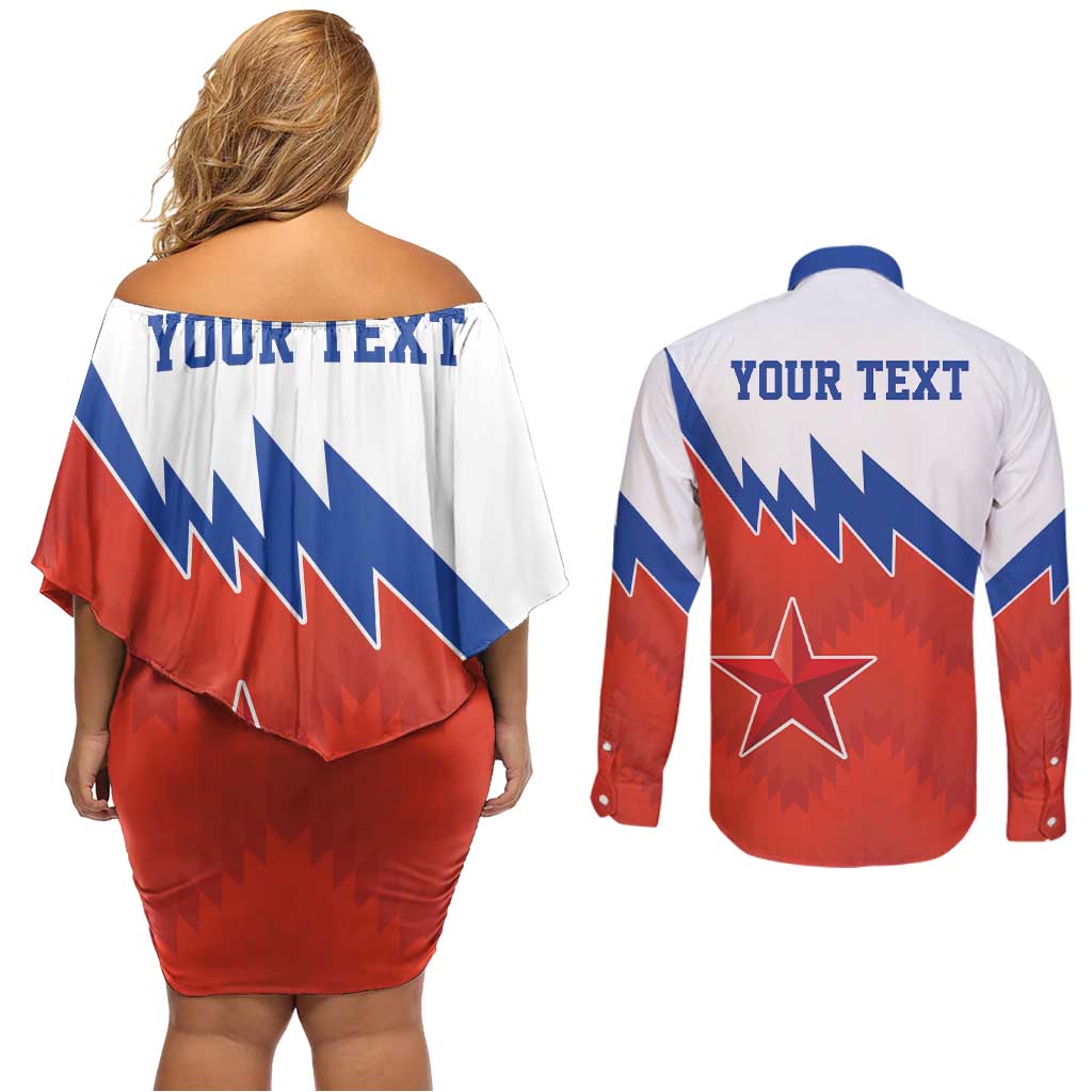 Personalized Russia Football Couples Matching Off Shoulder Short Dress and Long Sleeve Button Shirt The National Team Go Champion - Wonder Print Shop