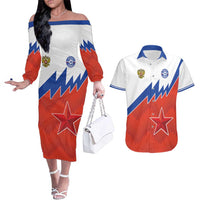 Personalized Russia Football Couples Matching Off The Shoulder Long Sleeve Dress and Hawaiian Shirt The National Team Go Champion - Wonder Print Shop