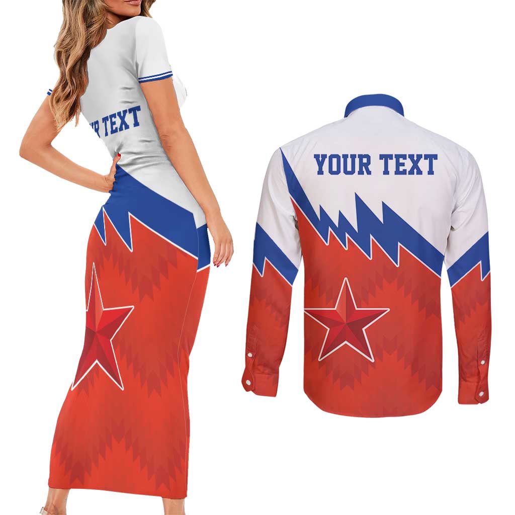 Personalized Russia Football Couples Matching Short Sleeve Bodycon Dress and Long Sleeve Button Shirt The National Team Go Champion - Wonder Print Shop