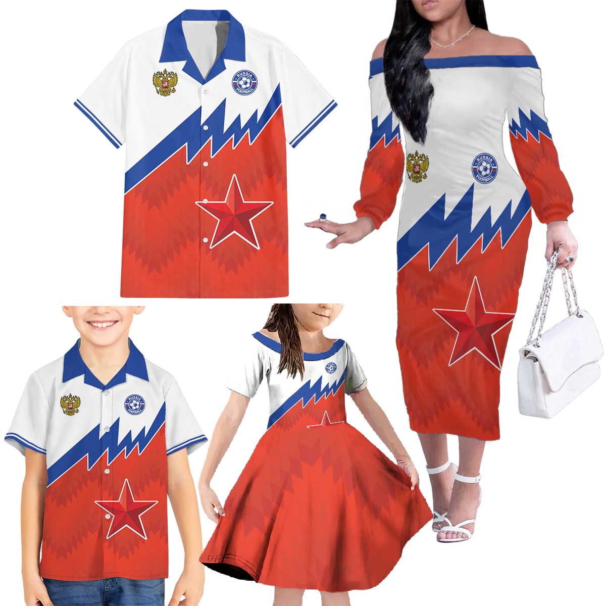 Personalized Russia Football Family Matching Off The Shoulder Long Sleeve Dress and Hawaiian Shirt The National Team Go Champion - Wonder Print Shop