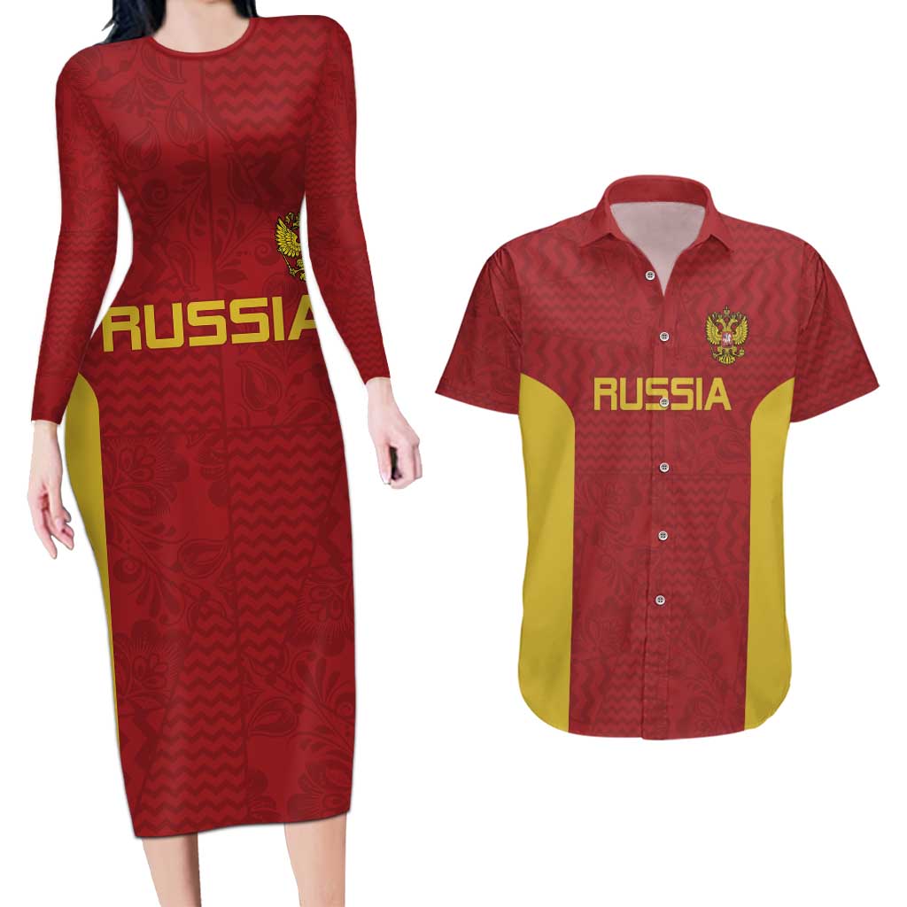 Custom Russia Football Couples Matching Long Sleeve Bodycon Dress and Hawaiian Shirt Nashi Parni Khokhloma Style - Red - Wonder Print Shop