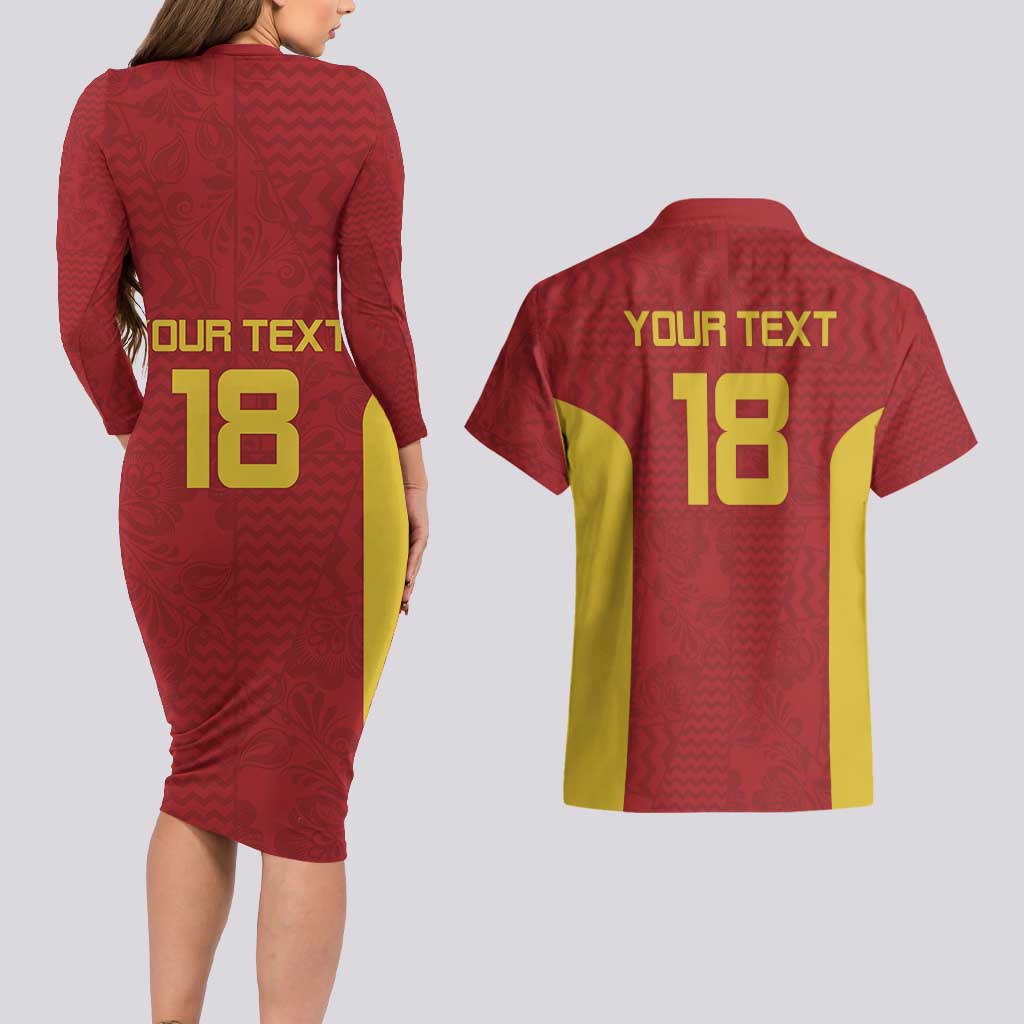 Custom Russia Football Couples Matching Long Sleeve Bodycon Dress and Hawaiian Shirt Nashi Parni Khokhloma Style - Red - Wonder Print Shop
