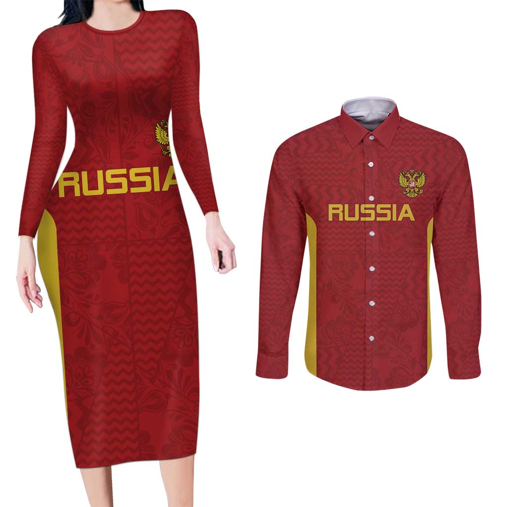 Custom Russia Football Couples Matching Long Sleeve Bodycon Dress and Long Sleeve Button Shirt Nashi Parni Khokhloma Style - Red - Wonder Print Shop