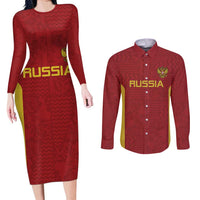 Custom Russia Football Couples Matching Long Sleeve Bodycon Dress and Long Sleeve Button Shirt Nashi Parni Khokhloma Style - Red - Wonder Print Shop