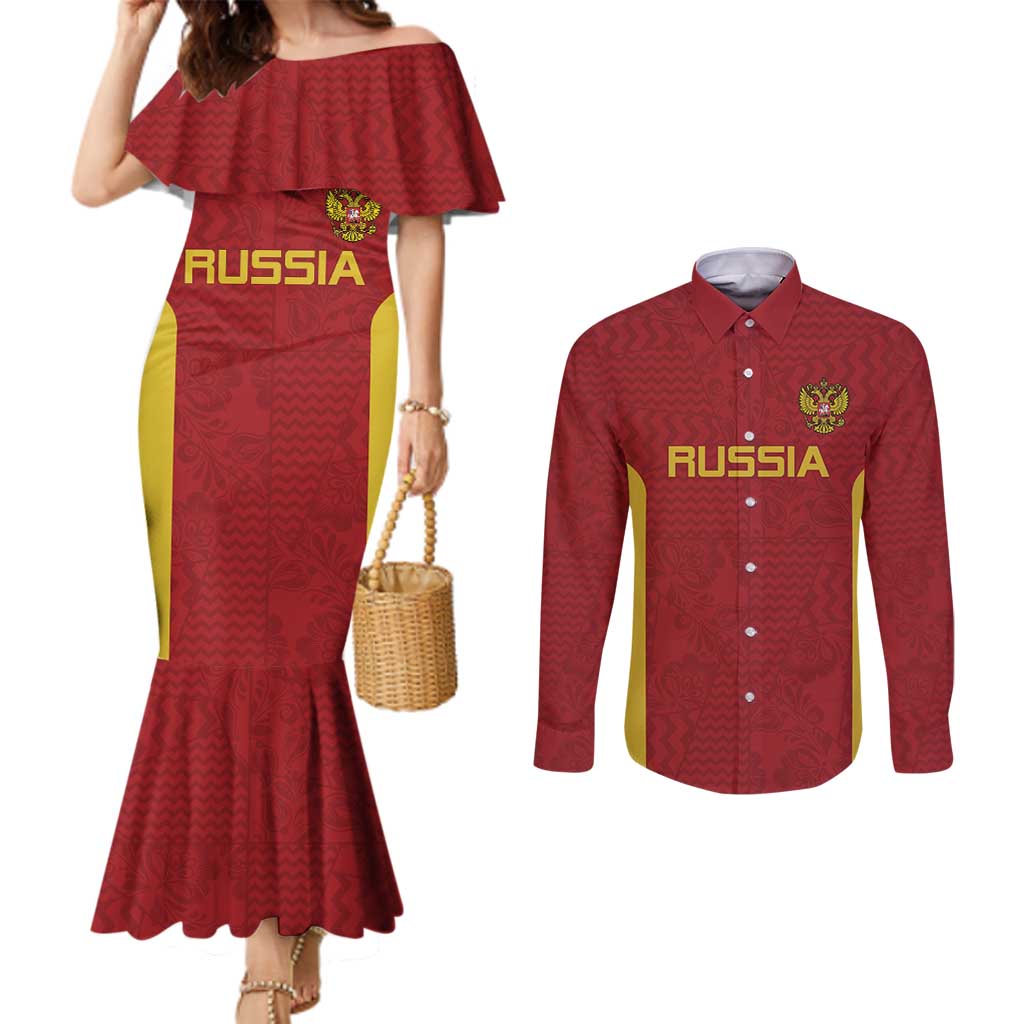 Custom Russia Football Couples Matching Mermaid Dress and Long Sleeve Button Shirt Nashi Parni Khokhloma Style - Red - Wonder Print Shop
