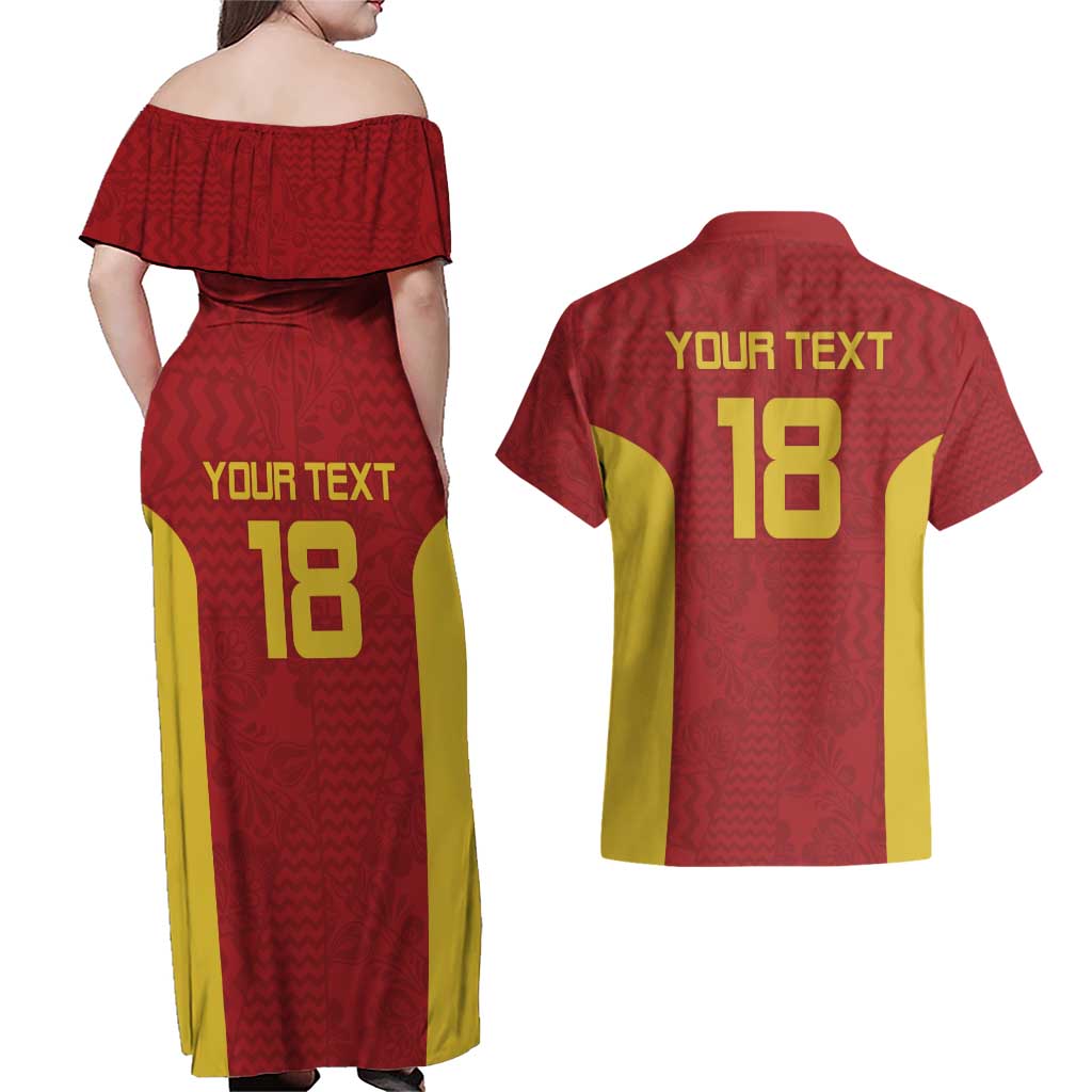 Custom Russia Football Couples Matching Off Shoulder Maxi Dress and Hawaiian Shirt Nashi Parni Khokhloma Style - Red - Wonder Print Shop