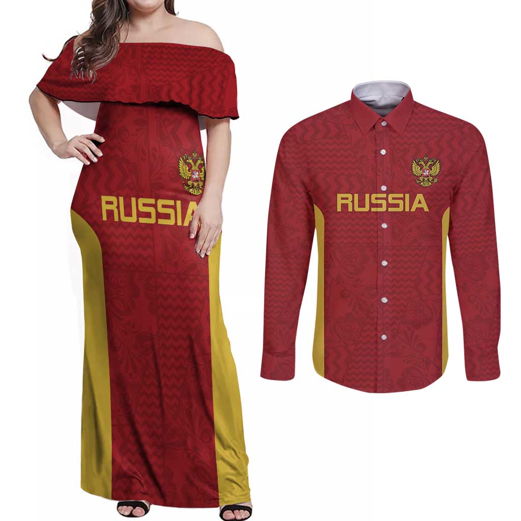 Custom Russia Football Couples Matching Off Shoulder Maxi Dress and Long Sleeve Button Shirt Nashi Parni Khokhloma Style - Red - Wonder Print Shop