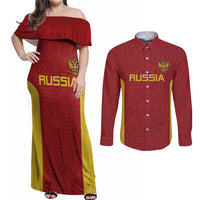 Custom Russia Football Couples Matching Off Shoulder Maxi Dress and Long Sleeve Button Shirt Nashi Parni Khokhloma Style - Red - Wonder Print Shop