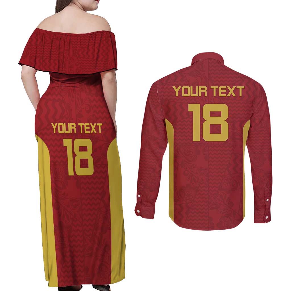 Custom Russia Football Couples Matching Off Shoulder Maxi Dress and Long Sleeve Button Shirt Nashi Parni Khokhloma Style - Red - Wonder Print Shop