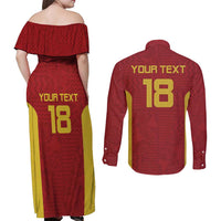 Custom Russia Football Couples Matching Off Shoulder Maxi Dress and Long Sleeve Button Shirt Nashi Parni Khokhloma Style - Red - Wonder Print Shop
