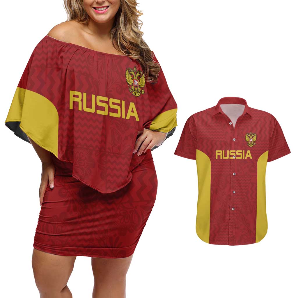 Custom Russia Football Couples Matching Off Shoulder Short Dress and Hawaiian Shirt Nashi Parni Khokhloma Style - Red - Wonder Print Shop