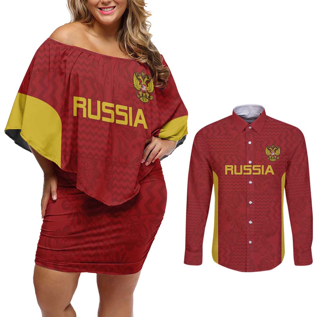 Custom Russia Football Couples Matching Off Shoulder Short Dress and Long Sleeve Button Shirt Nashi Parni Khokhloma Style - Red - Wonder Print Shop