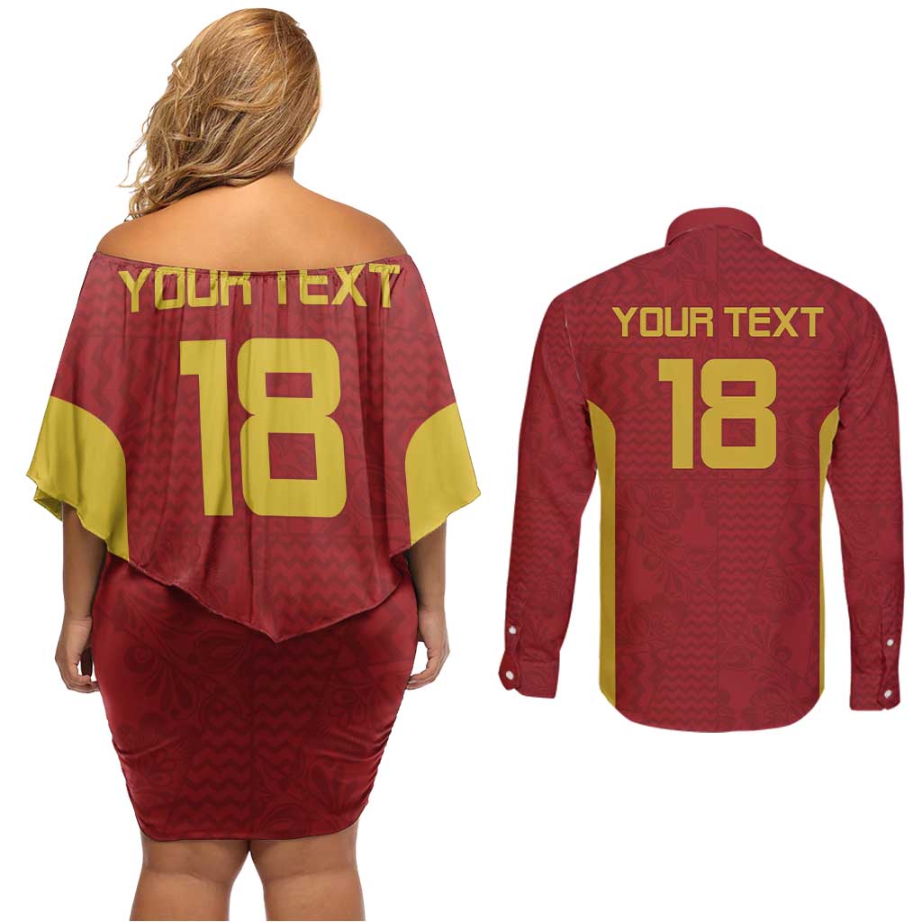 Custom Russia Football Couples Matching Off Shoulder Short Dress and Long Sleeve Button Shirt Nashi Parni Khokhloma Style - Red - Wonder Print Shop