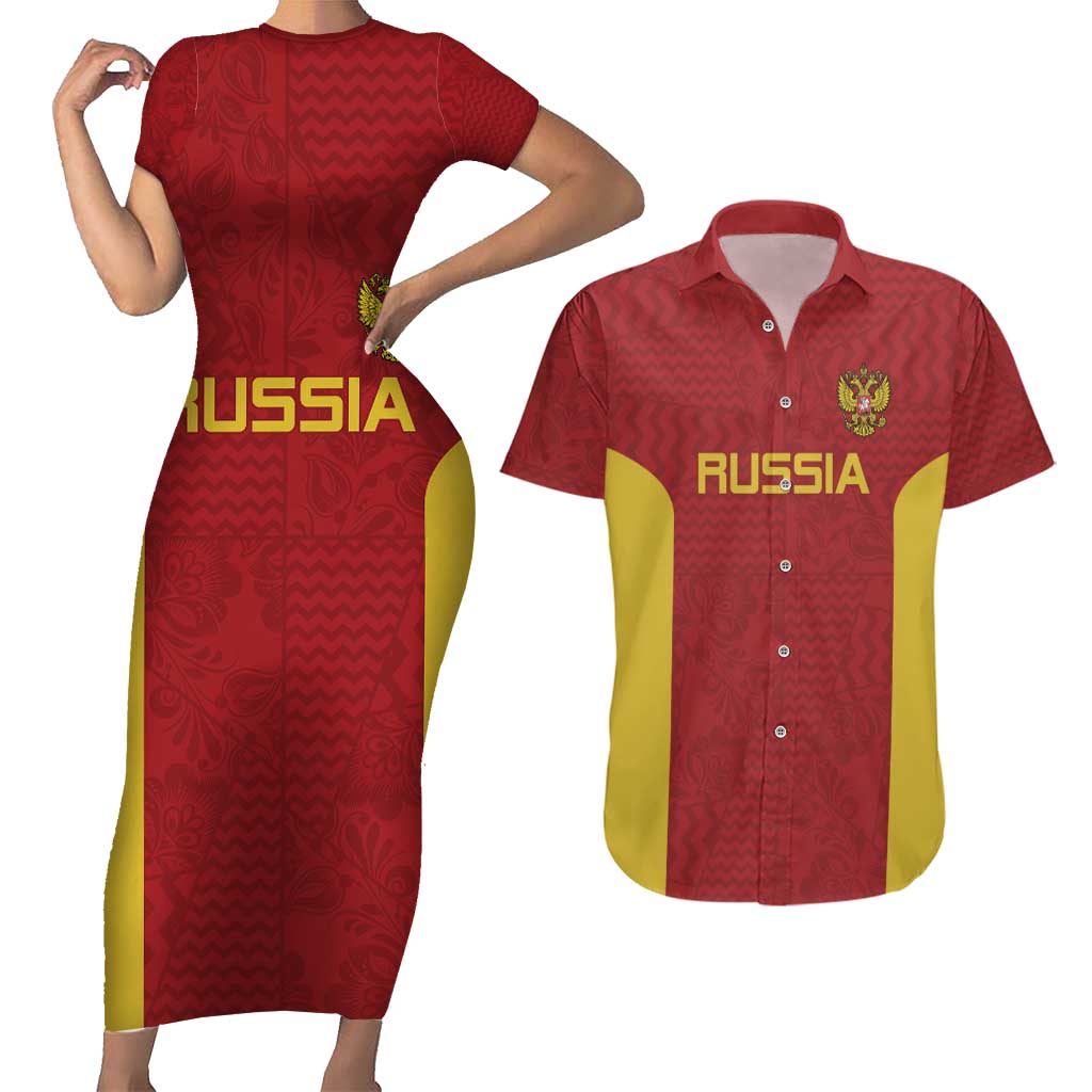 Custom Russia Football Couples Matching Short Sleeve Bodycon Dress and Hawaiian Shirt Nashi Parni Khokhloma Style - Red - Wonder Print Shop
