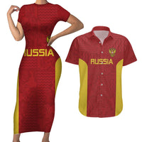 Custom Russia Football Couples Matching Short Sleeve Bodycon Dress and Hawaiian Shirt Nashi Parni Khokhloma Style - Red - Wonder Print Shop