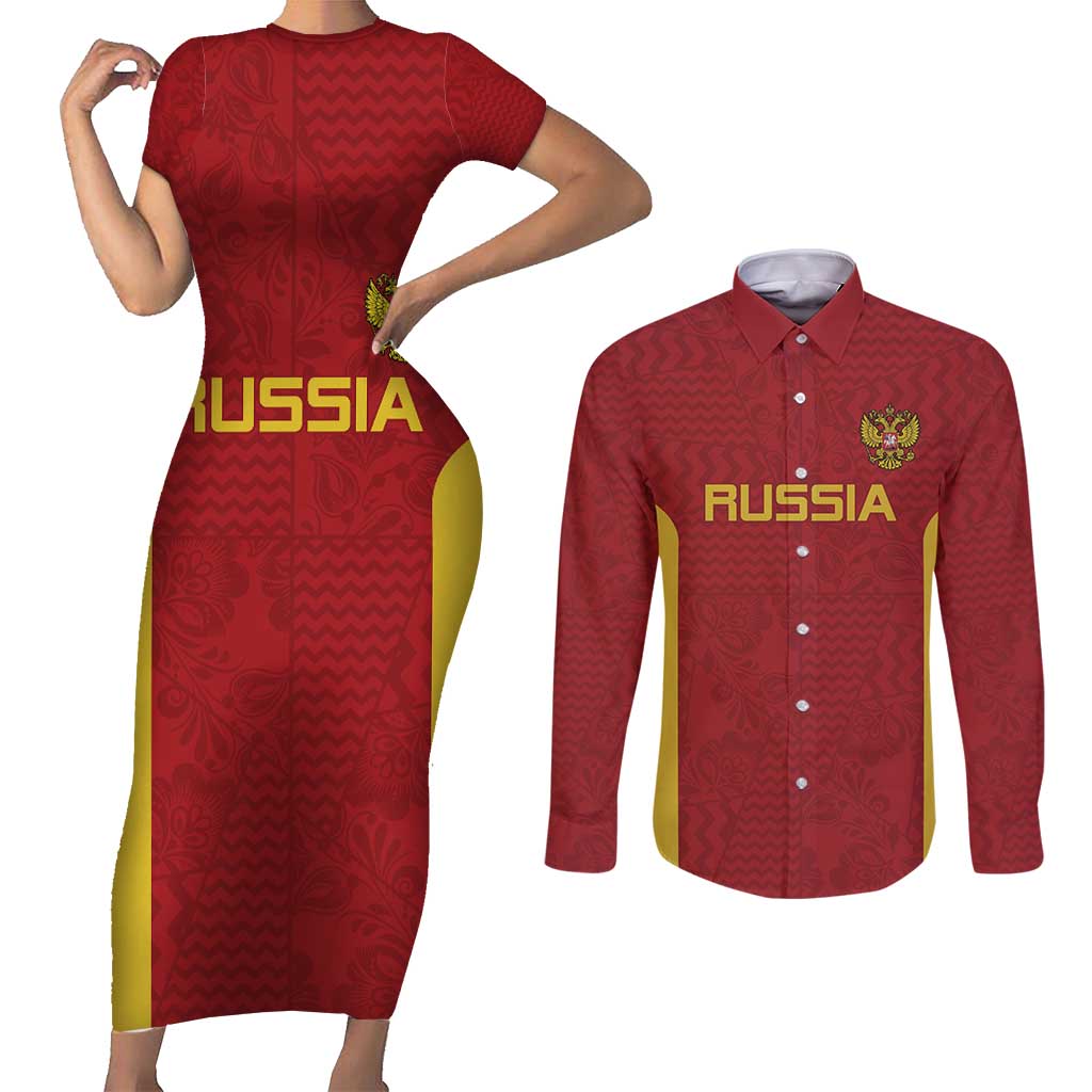 Custom Russia Football Couples Matching Short Sleeve Bodycon Dress and Long Sleeve Button Shirt Nashi Parni Khokhloma Style - Red - Wonder Print Shop