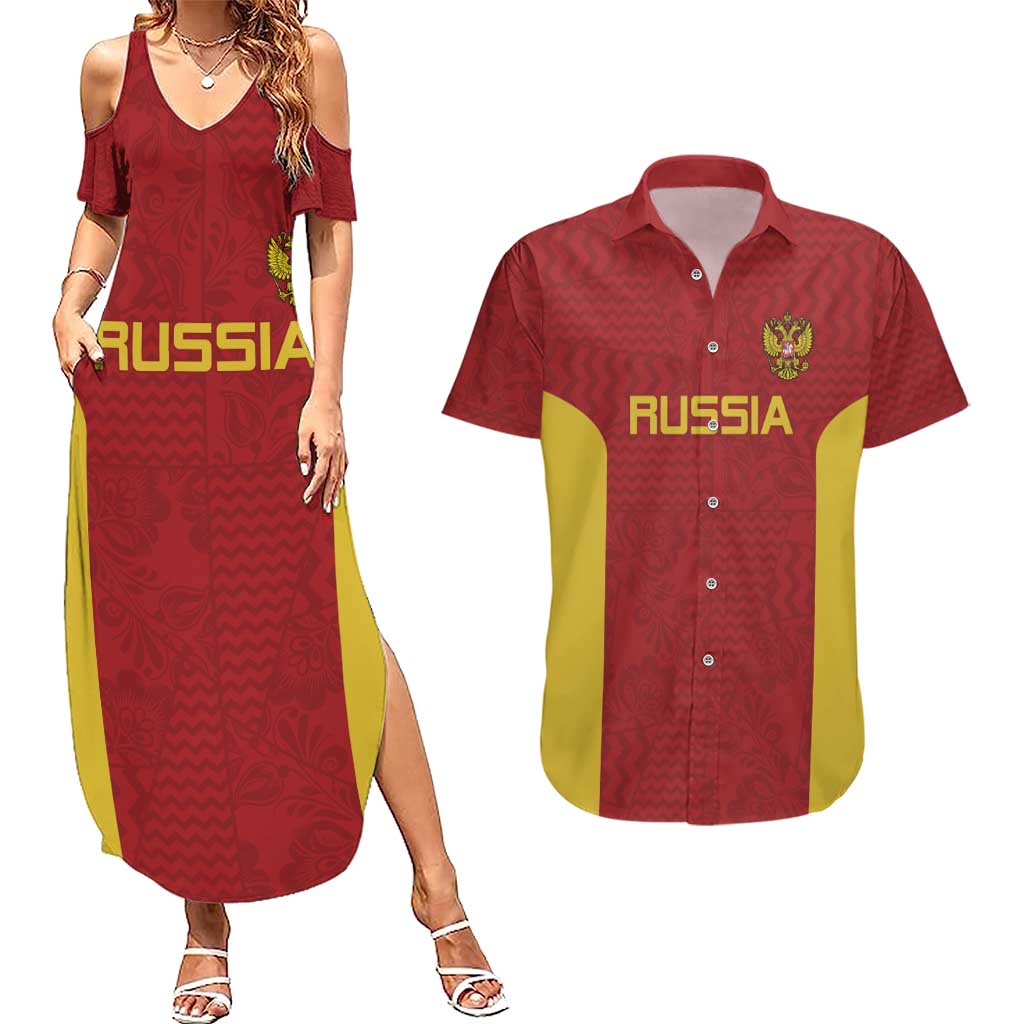 Custom Russia Football Couples Matching Summer Maxi Dress and Hawaiian Shirt Nashi Parni Khokhloma Style - Red - Wonder Print Shop