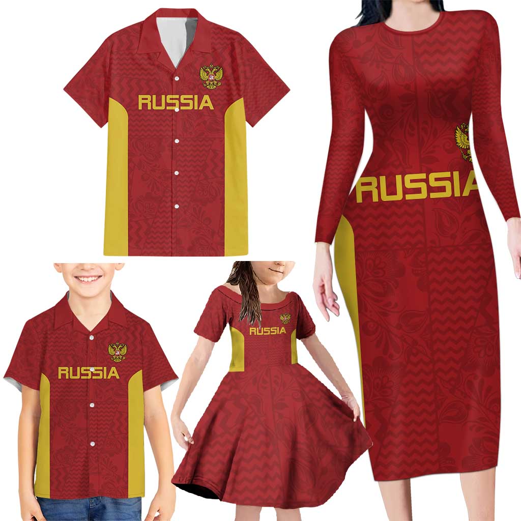 Custom Russia Football Family Matching Long Sleeve Bodycon Dress and Hawaiian Shirt Nashi Parni Khokhloma Style - Red - Wonder Print Shop