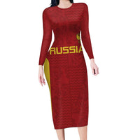 Custom Russia Football Family Matching Long Sleeve Bodycon Dress and Hawaiian Shirt Nashi Parni Khokhloma Style - Red - Wonder Print Shop